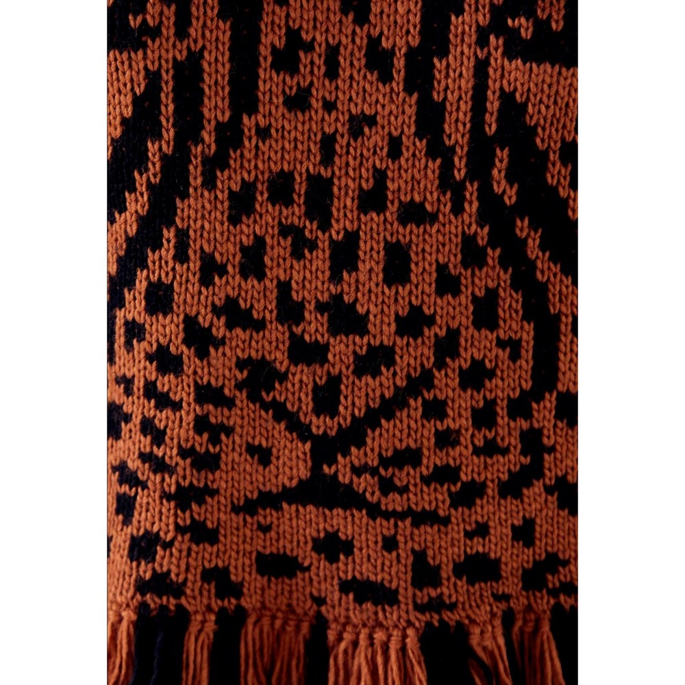 Farm Rio Leopard Fringe Sweater S Turtleneck Pullover Brown Black Knit Wool New - Picture 10 of 11